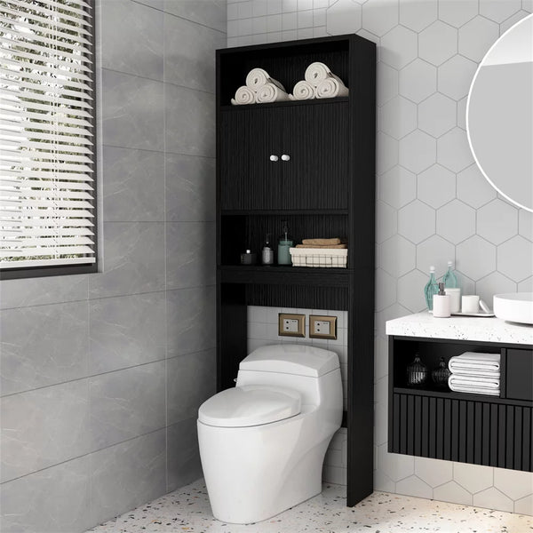 Home Over The Toilet Storage Cabinet, Bathroom Shelf Over Toilet with 2 Open Shelves and Cabinets, Bathroom Storage Cabinet Organizer for Bathroom Space Saver, Black