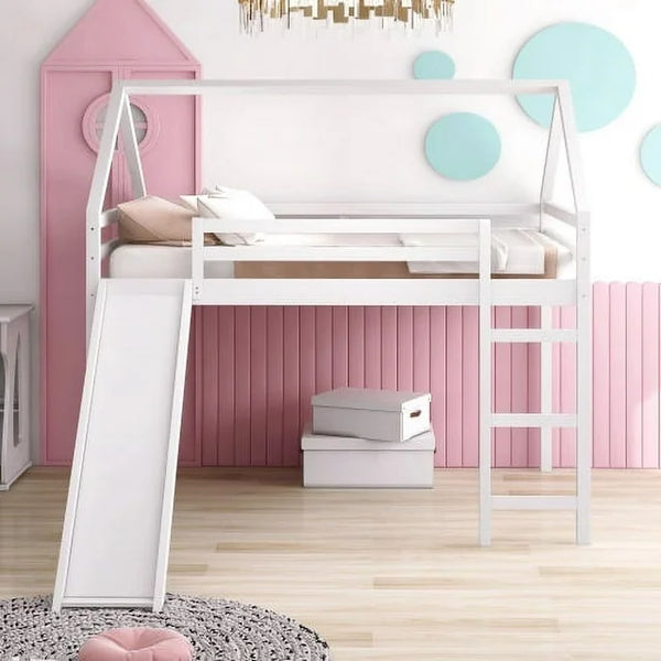 House Loft Bed with Slide, Full Size Wooden Bed Frame with Full-Length Guardrail & Ladder & Under Bed Storage Space, Multifunctional Playhouse Loft Bed for Boys Girls, No Box Spring Needed, White