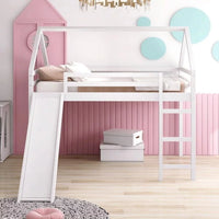 House Loft Bed with Slide, Full Size Wooden Bed Frame with Full-Length Guardrail & Ladder & Under Bed Storage Space, Multifunctional Playhouse Loft Bed for Boys Girls, No Box Spring Needed, White
