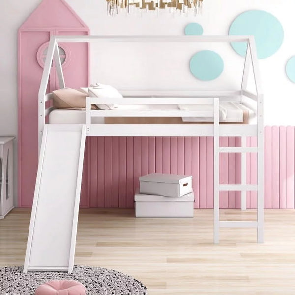 House Loft Bed with Slide, Full Size Wooden Bed Frame with Full-Length Guardrail & Ladder & Under Bed Storage Space, Multifunctional Playhouse Loft Bed for Boys Girls, No Box Spring Needed, White