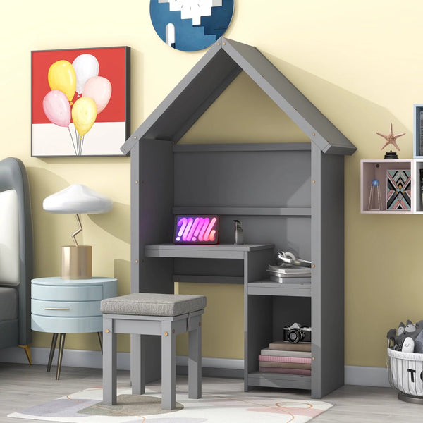 House-Shaped Desk with Cushion Stool, Wooden Desk and Chair Set with Roof and a Stepped Desk Surface, Kid's Reading Writing Desk Set for Bedroom Study Room