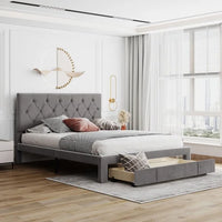 JINS & VICO Platform Bed, Queen Size Platform Bed Frame with a Big Drawer and Button Tufted Headboard, Velvet Upholstered Storage Platform Bed for Kids Adults Bedroom, Gray