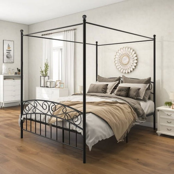 JINS & VICO Platform Bed, Queen Size Metal Canopy Bed Frame with Headboard and Footboard, Bed Frame for Kids Adults Bedroom, Easy Assembly, No Box Spring Needed, Black
