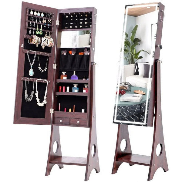 Jewelry Mirror with 6 LEDs Armoire Organizer, Standing Lockable Jewelry Cabinet with Full-Length Body Dressing Mirror LED Light and Larger Capacity, 3 Adjustable Angles, Bronze
