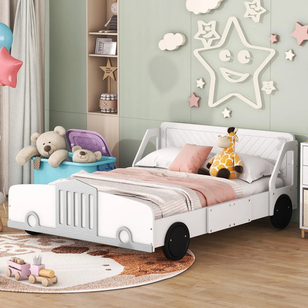 Kids Bed Frame Full Size, Car Bed for Boys Girls with Decorative Wheels and Guardrail, Wooden Platform Bed Frame, 400LBS Weight Capacity, White
