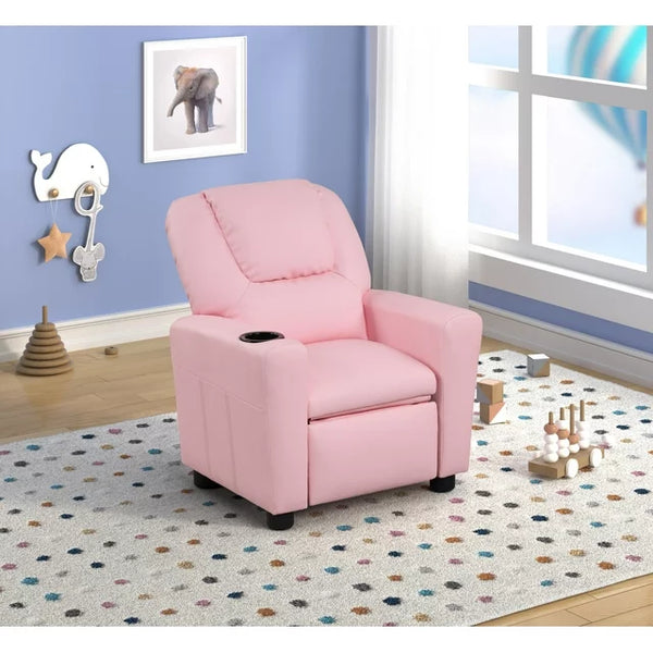 Kids Recliner Chair with Cup Holder,Toddler Recliners for Kids Age 0-5 with Side Pockets and Non-Slip Footstool,PU Leather Armrest Sofa Couch,Single Theater Seating Chair for Girls Boys Kids,Pink