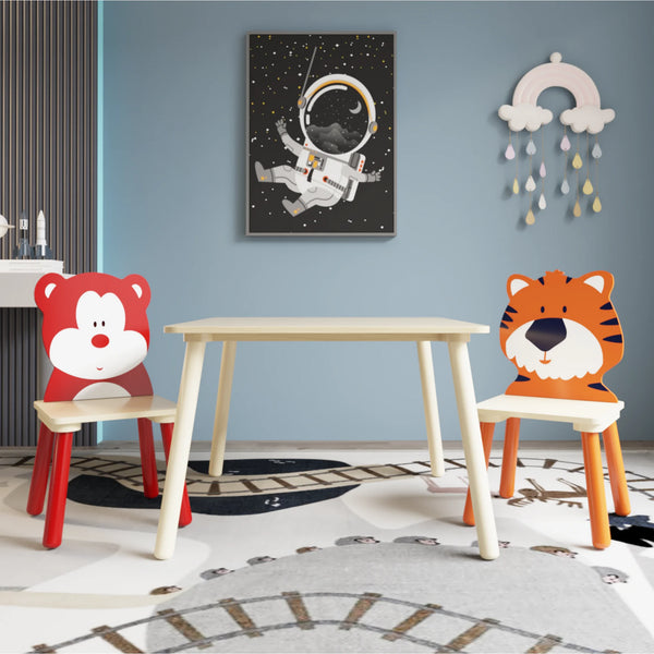 Kids Table and 2 Chairs Set with Cartoon Animal Decoration, 3 Pieces Wooden Toddler Table and Chair Set, Activity Play Table Set for Boys, Girls Arts Reading Writing Age 3 Years+, Bear&Tiger