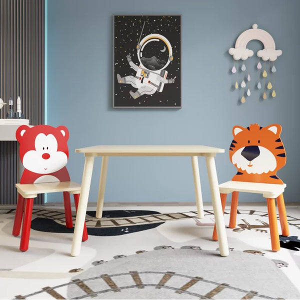 Kids Table and Chair Set, 3 Pieces Toddler Play Table and Chairs Set, Wood Table with 2 Cartoon Animals Chairs for Playroom Kindergarten (Bear and Tiger)