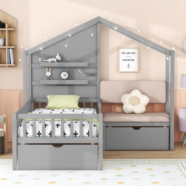 Kids Twin Size House Bed with Upholstered Bench, Wood House Bed with Shelves and Drawers, Playhouse Platform Bed Frame with Charging Station and Sparkling Light for Boys Girls Teens, Gray