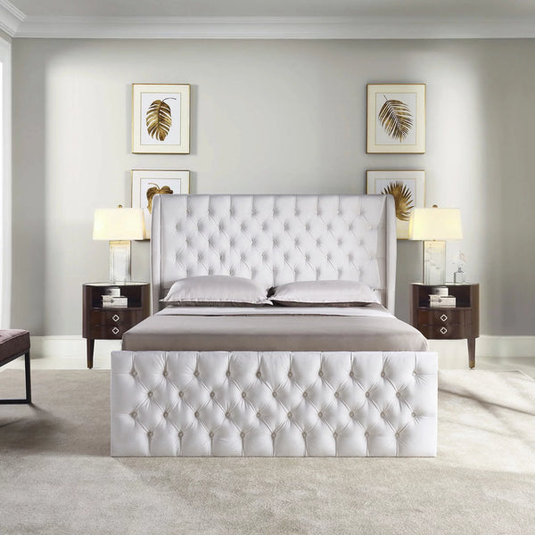 King Size Upholstered Platform Bed,Velvet Fabric Bed Frame with Button Tufted Headboard,Wingback Platform Bed with Wooden Slats,White