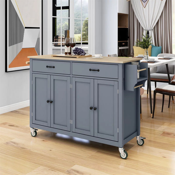 Kitchen Island Cart, 54.3''W Dining Cart with Solid Wood Top & Locking Wheels, Rolling Mobile Kitchen Island Table with Two Drawers, 4 Door Cabinet with Spice Rack & Towel Rack, Grey Blue