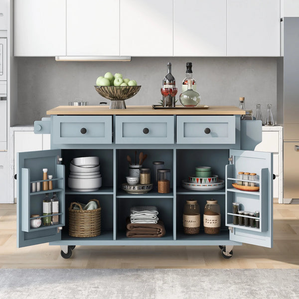 Kitchen Island Cart with Drop-Leaf Counter Top, Rolling Mobile Kitchen Island Kitchen Storage Cabinet Kitchen Cart on Wheels with Internal Storage Cabinet, Spice Rack, Towel Rack & 3 Drawers, Blue