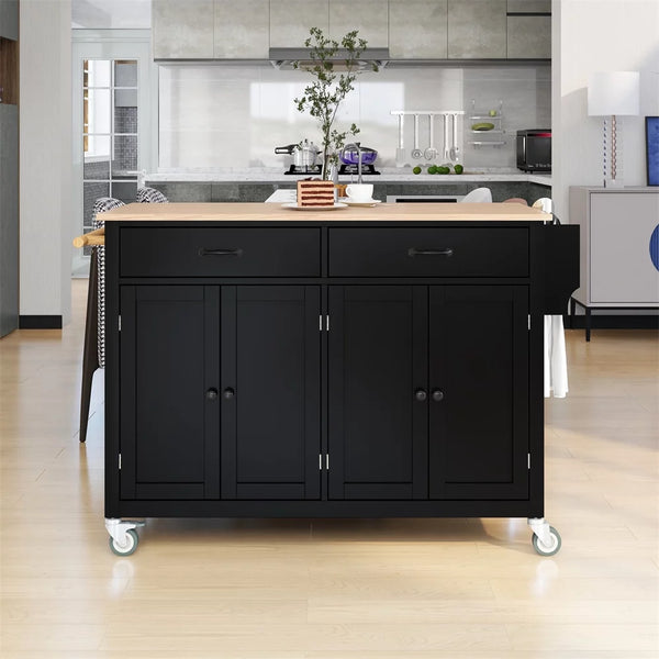 Kitchen Island Cart with Spacious Tabletop and Locking Wheels, 54.3" Large Kitchen Trolley Cart with 4 Door Cabinet and Two Storage Drawers, Spice Rack Towel Rack, Rolling Kitchen Island Cart, Black