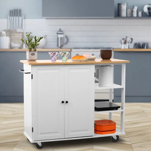 Kitchen Island Cart Wood Kitchen Islands with Large Trolley Cart with Large Cabinet, Towel Rack, Kitchen and Dining Room Utensils Organizer on Wheels,43.15"-White
