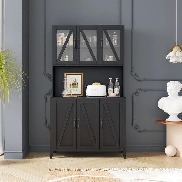 Kitchen Pantry Cabinet, Freestanding Storage Cabinet Cupboard with 6 Doors and Open Shelves, Sideboard Floor Cupboard Cabinet with Open Shelves for Home Dining Room, Living Room and Entryway