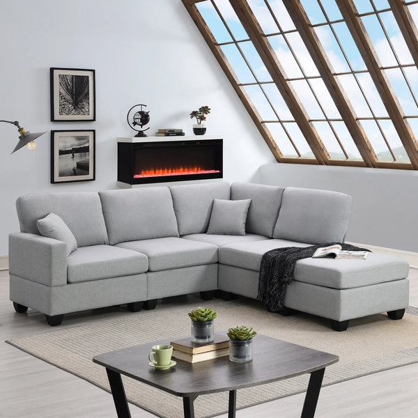 L-Shape Large Sectional Sofa Set, 89.8*60.2" 5-Seat Modular Couch Set with Convertible Ottoman, Linen Fabric Corner Couch Set with 2 Pillows, for Living Room Apartment Office, Gray