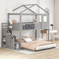 L-Shaped Bunk Beds with Stairs, Twin over Full Floor House Bunk Bed with Full-Length Guardrail & Roof & Blackboard Wood, Space-Saving Loft Bed for Kids Girls Boys, No Box Spring Needed, Gray