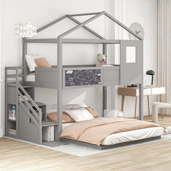 L-Shaped Bunk Beds with Stairs, Twin over Full Floor House Bunk Bed with Full-Length Guardrail & Roof & Blackboard Wood, Space-Saving Loft Bed for Kids Girls Boys, No Box Spring Needed, Gray