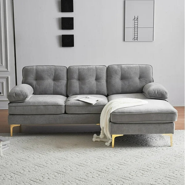 L-Shaped Sectional Sofa with Chaise, 83" Modern Velvet Tufted Upholstery Couch with Loose Backrest and Armrests Modular Corner Sofa for Living Room, Bedroom, Light Grey