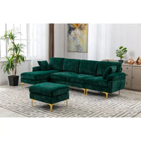 L Shaped Sectional Sofa Couch with Removable Ottoman, Velvet Sectional Couches for Living Room, Wooden Convertible Sectional Sofas with Rose Gold Metal Legs for Living Room, Apartment,Emerald