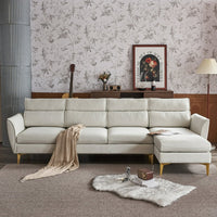 L-Shaped Sectional Sofa with Footstool, Plaid Fleece 4 Seat Sofa Couch with Chaise Lounge and Electroplated Gold Triple Leg, Indoor Modular Sofa for Living Room Office Guestroom, 282*142*88cm
