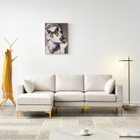 L-Shaped Sectional Sofa with Movable Ottaman, Sectional Couch with Reversible Chaise, Modern Upholstered Accent Sofa with 2 Pillows and Gold Metal Legs for Living Room Bedroom Apartment, Beige