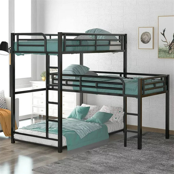 L Shaped Triple Bunk Bed, Metal Triple Twin Bunk Bed Frame with Full-Length Guardrail, L Shaped Bunk Beds for 3, Heavy Duty 3 Bed Bunk Beds for Kids Teens and Adults Bedroom Dorm, Noise-Free, Black