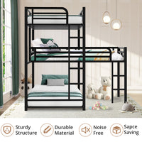 L-Shaped Triple Bunk Bed, Twin Size Metal Bunk Bed for 3 with Long and Short Ladders, Space-Saving Loft Bunk Bed with Full-Length Guardrails for Boys Girls, No Box Spring Needed, Noise Free, Black