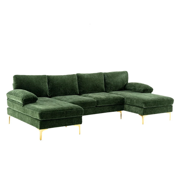 Large Convertible Sectional Sofa,110.63" U-Shaped Accent Couch Sofa with Double Chaise Lounge and 2 Arm Pillows,Upholstered Corner Sectional Sofa for Apartment Office,Living Room,Green