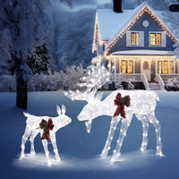 Lighted Outdoor Christmas Decoration Indoor, 4ft 2pcs Moose Family Christmas Yard Decor Set with 200LED Lights, Ground Stakes and Zip Ties, White