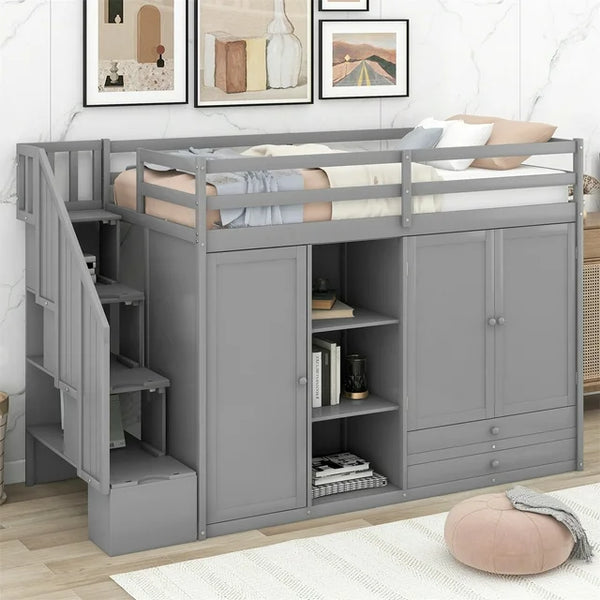 Loft Bed with 2 Storage Wardrobes, 3 Shelves and 2 Drawers, Full Size Wood Loft Bed Frame with Staircase and Full-Length Guardrails for Kids Boys Girls No Box Spring Needed, Gray
