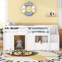 Loft Bed with Storage Stair, Drawers and Shelf, Twin Size Loft Bed Frame with Full-Length Guardrail, Low Loft Bed with Large Under-Bed Space for Teens Boys Girls, No Box Spring Required, White