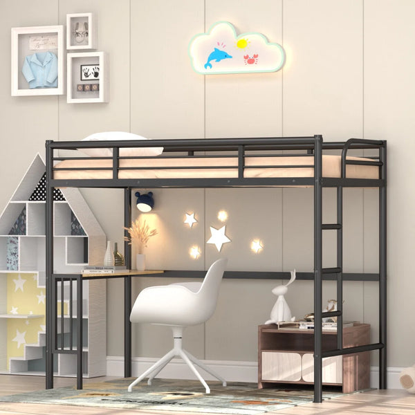 Loft Bed Twin Size with Desk,Metal Bed Frame with Ladder and Full-Length Guardrail,Platform Bed for Kids Teens Adult,Ideal for Bedroom Dorm,Noise-Free,No Box Spring Needed,Space-Saving,Black