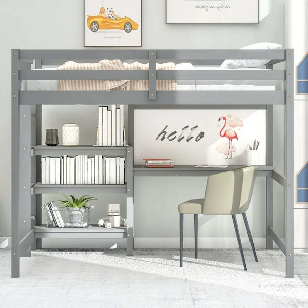 Loft Bed with Desk，Wood Twin Bed Frame with Shelves & Writing Board for Chrildren Adults Boys Girls Teens