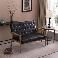 Loveseat Sofa, Mid-Century Sofa Couch for 2, Wooden Loveseat Sofa Modern Upholstered Loveseat Sofa Living Room 2-Seater Lounge Accent Chair, PU-Black