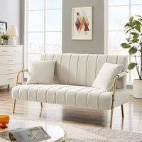Loveseat Sofa with two Throw Pillows,Upholstered Sofa Couch with Metal Legs,Velvet 2-Seater Sofa Couch for Living Room, Bedroom, Apartment,Beige