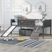 Low Loft Bed with Slide and Two Storage Boxes, Chalkboard, Wood Twin Size Loft Bed with Climbing Frame and Rope (Gray, Loft Bed)