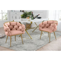Luxury Velvet Accent Chair Set of 2, Modern Upholstered Chair with Metal Frame, Stylish Woven Back, Gold Frame, 2pcs Single Leisure Arm Chair for Living Room, Bedroom, Office, Balcony, Pink