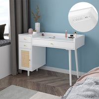 Makeup Vanity with Charging Port, Modern Dressing Table with Rattan Door and Multi-Storage, White Vanity Desk for Bedroom, Living Room, Weight Capacity 160 Pounds