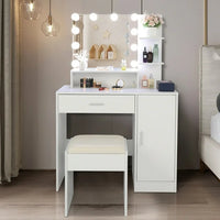 Makeup Vanity Desk with Lighted Mirror and 3 Shelves, White Dressing Table with A Drawer and A Cabniet, Vanity Table with Metal Frame and Particle Board, Modern Vanity Table with Mirror for Bedroom