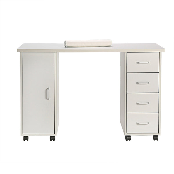 Manicure Table, Nail Table for Nail Tech with Controllable Wheels and Drawers, Wooden Salon Spa Nail Table, White