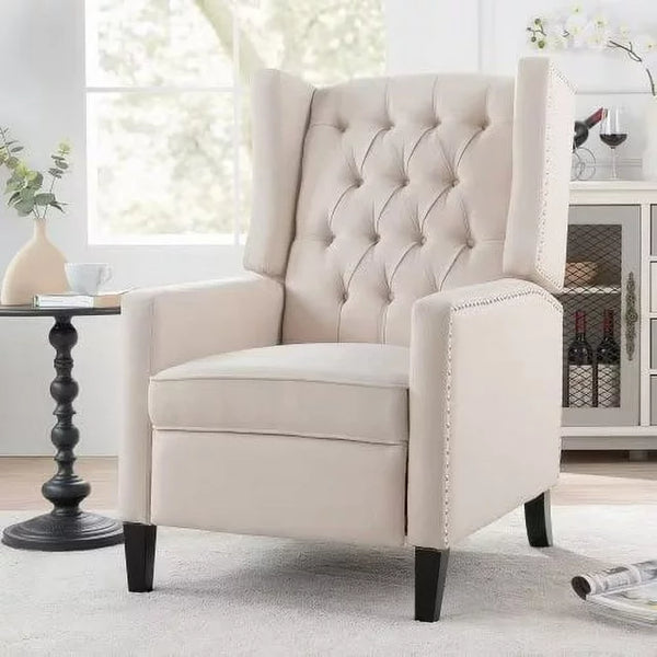 Manual Wingback Recliner Chair, Vintage Accent Chair, 27" W Recliner Chair with Nailhead Trim and Birch Legs, Tufted Single Sofa Chair, for Home, Living Room, Office, Bedroom, Beige