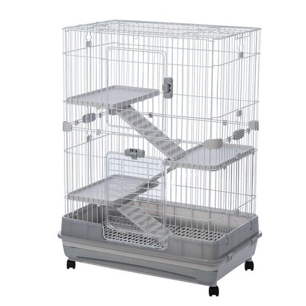 Metal 4-Tier Animal Cage, 32 Inch Small Animals Pet Hutch with 2 Front Doors/Feeder/Wheels/Tray, Indoor Rolling Critter Nation for Lovely Chinchilla/Squirrel, Gray, Easy Assembly & Clean