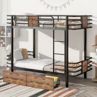 Metal Bunk Bed Twin XL Over Twin XL, Metal Bunk Bed with 2 Storage Drawers and MDF Board Guardrail, Bunk Bed for Kids Boys Girls Teens, Black