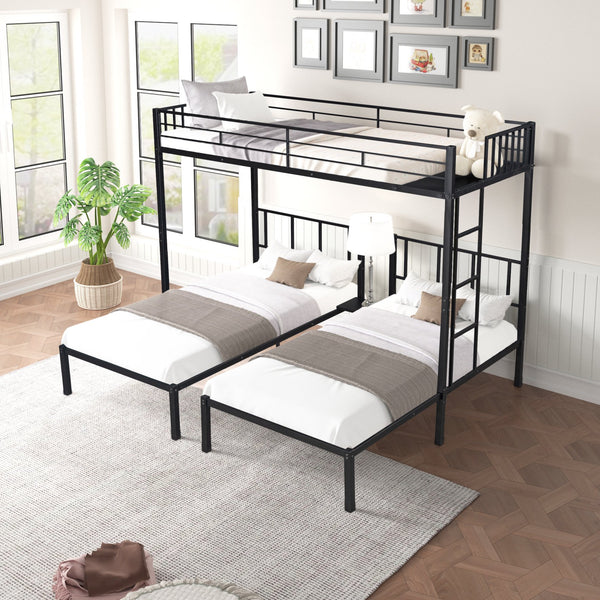 Metal Triple Bunk Bed for 3, Twin over Twin Bunk Bed with Shelf and Ladder, Can be divided into 3 Separate Bed, Metal Bunk Bed Frame with Safety Rail & Slats Support, No Box Spring Needed, Black