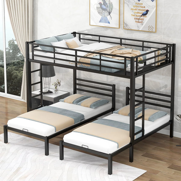 Metal Triple Bunk Bed, Full Over Two Twin Bunk Bed with Shelf & 2 Ladders, 3 Beds in 1, Metal Bed Frame with Safetyrails and Slats Support, No Box Spring Needed, Black