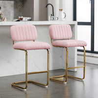 Mid-Century Modern Counter Height Bar Stools Set of 2, Upholstered Boucle Fabric Counter Stools, Armless Bar Chairs with Gold Metal Chrome Base for Kitchen Bar Dining Room, Pink