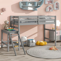 Minimalist Twin Loft Bed for Kids, Pine Wood Loft Bed with Ladder and Platform, Space Saving Loft Bed for Dormitory, Bedroom, Youth Hostel, Gray
