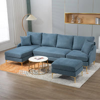 Modern 110'' W U-Shape Sectional Sofa, 4-Seat Sofa Couch with Chaise Lounge and Ottoman, Reversible Left or Right Chaise, Modular Sofa with Golden Metal Legs for Living Room Apartment Office, Blue