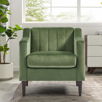 Modern Accent Chair, Velvet Single Sofa Side Chair, Upholstered Tufted Comfy Living Room Armchair, Barrel Club Chair with Golden Metal Legs and Side Pocket for Bedroom Reading Room Office, Green